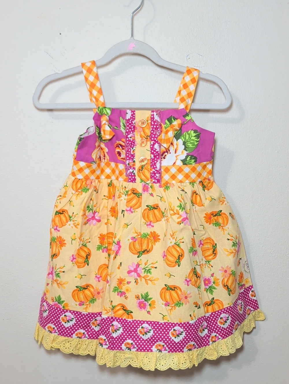 Olive Mae Pumpkin Knot Dress with Floral + Polka Dot Trim Yellow Pink Size 3T